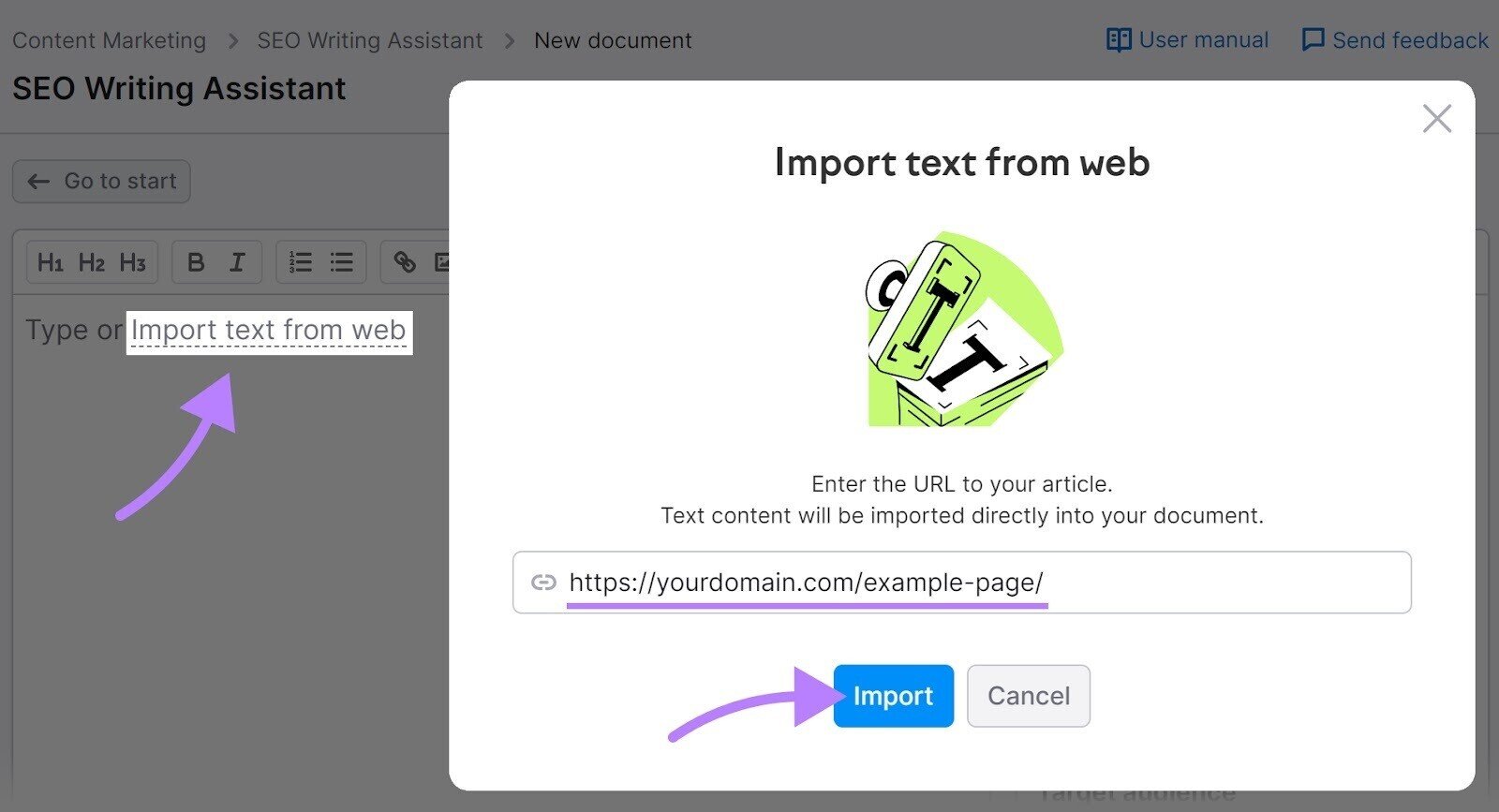 &ldquo;Import text from web&rdquo; box in SEO Writing Assistant tool