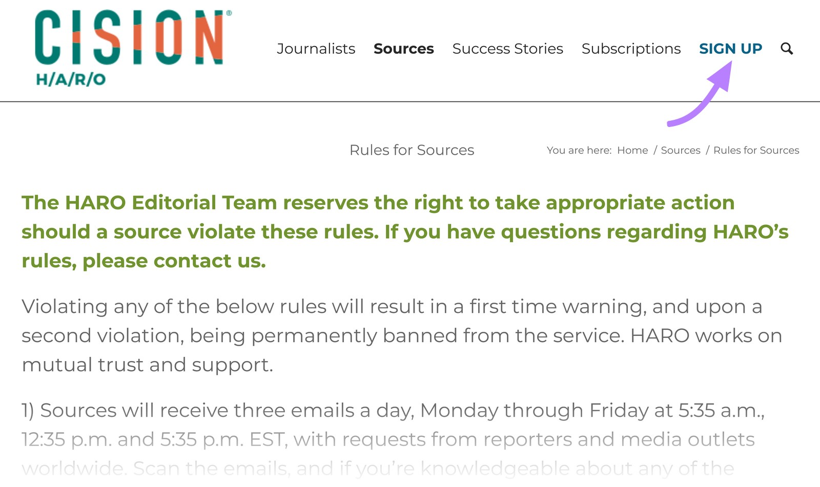 HARO&rsquo;s "Rules for Sources" page