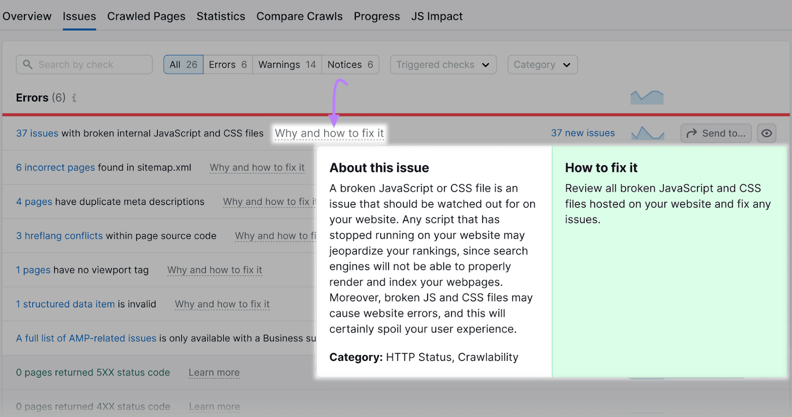 Site Audit Issues tab with one of the &ldquo;Why and how to fix it&rdquo; links clicked and expanded.