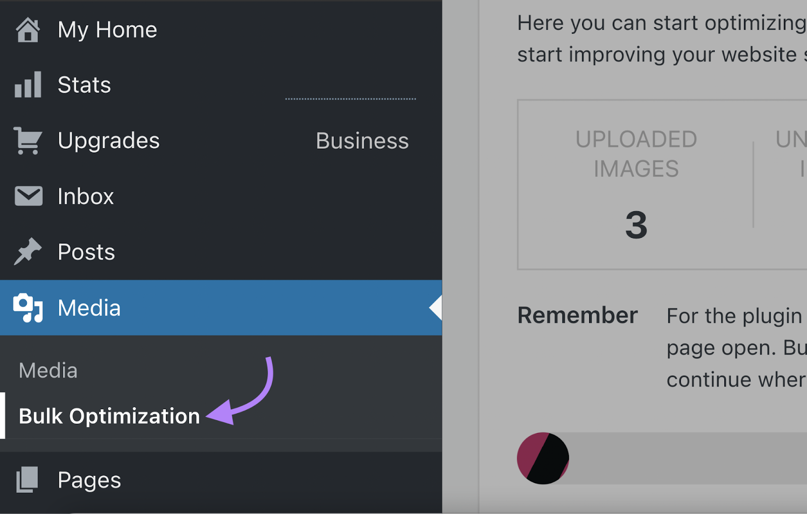 &ldquo;Bulk Optimization&rdquo; option shown on the Wordpress menu.