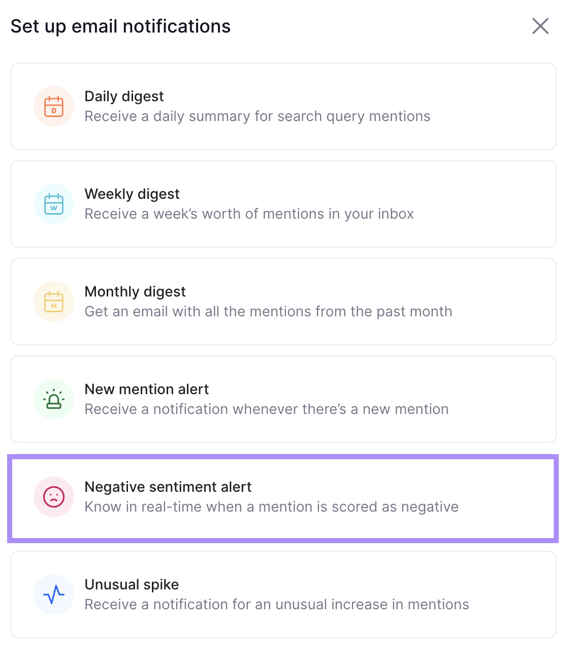 &ldquo;Negative sentiment alert" selected from the email notifications menu