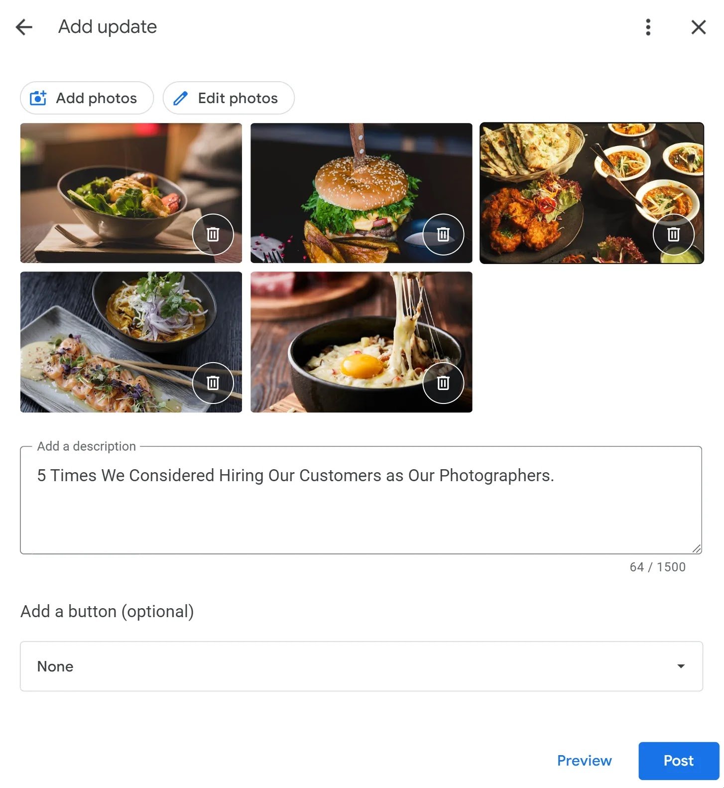 Creating a GBP update with UGC and a description that reads &ldquo;5 Times We Considered Hiring Our Customers as Our Photographers"