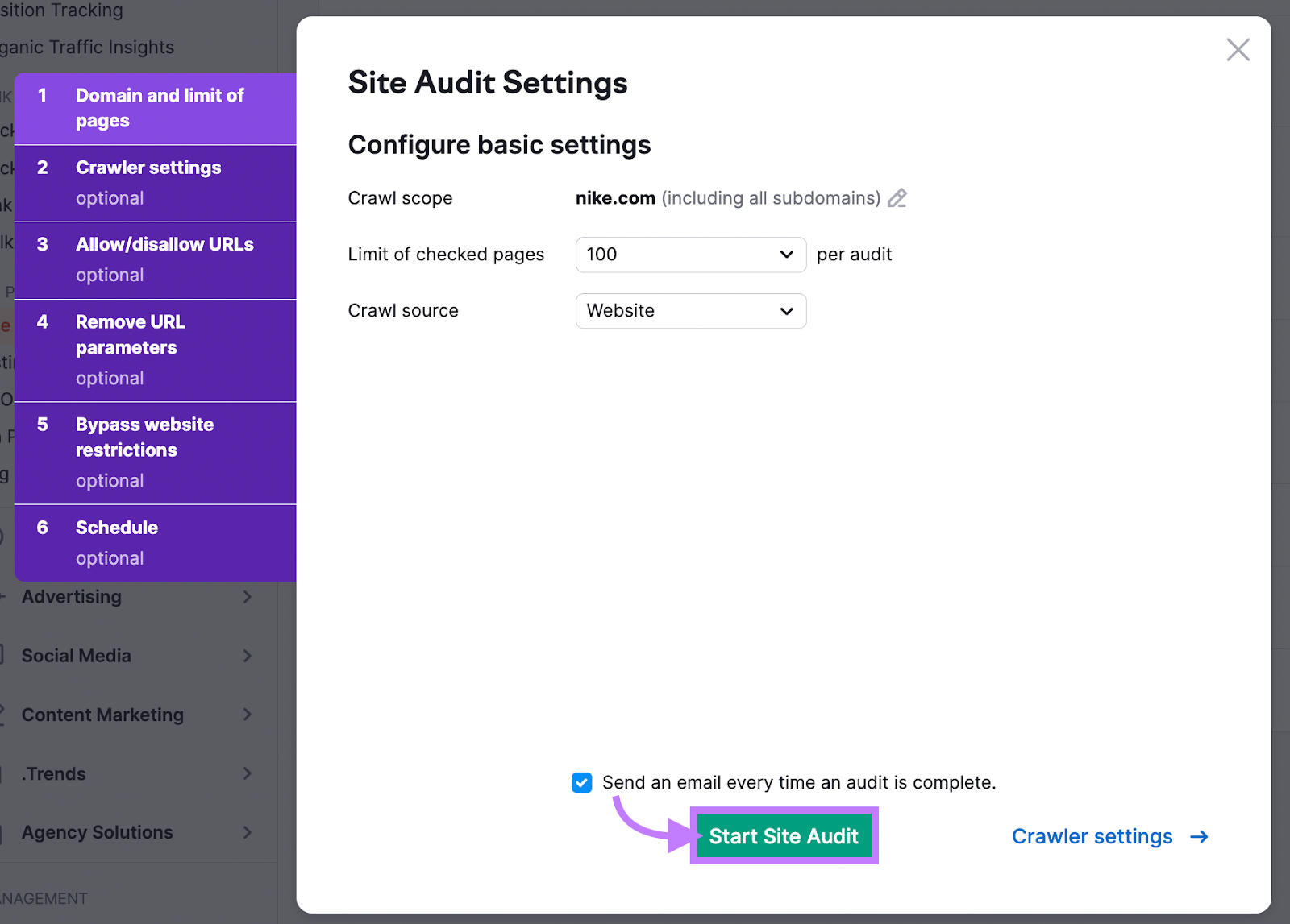 &ldquo;Site Audit Settings&rdquo; window