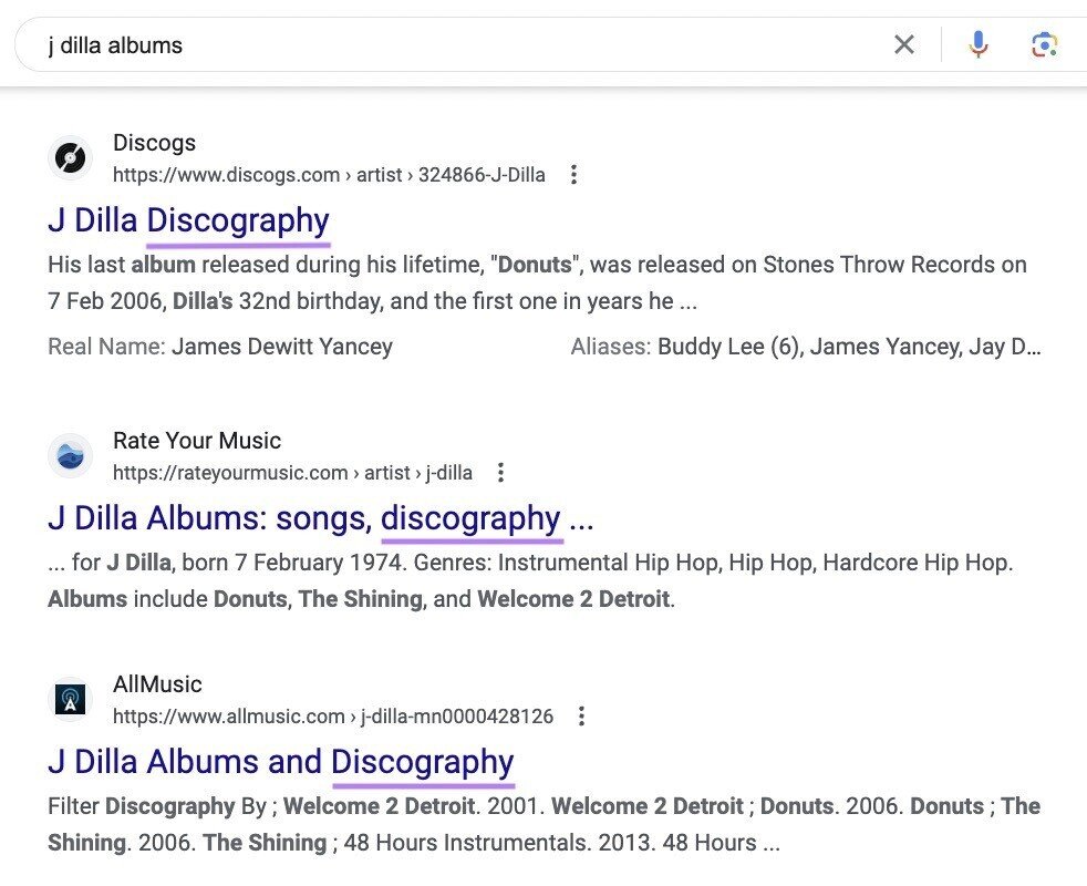 Google search results for &ldquo;j dilla albums&rdquo;