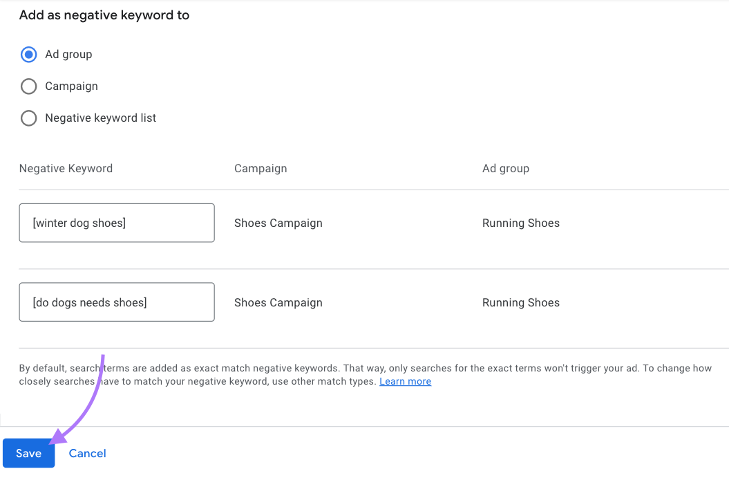 adding negative keywords to "Ad group" with &ldquo;Save&rdquo;&nbsp;button highlighted