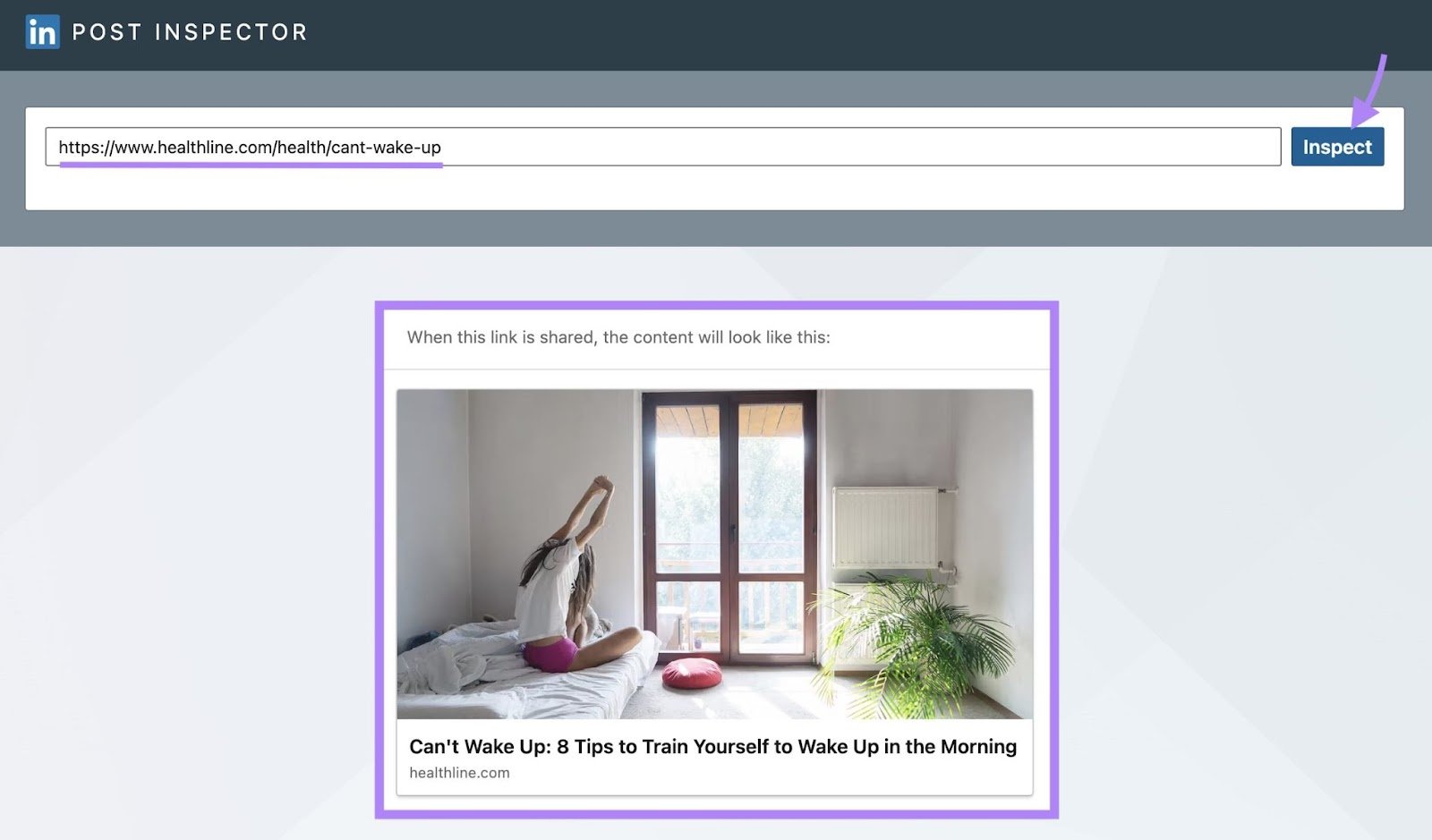 LinkedIn&rsquo;s Post Inspector with a URL entered, 'Inspect' clicked, and a preview of the post appearing below.
