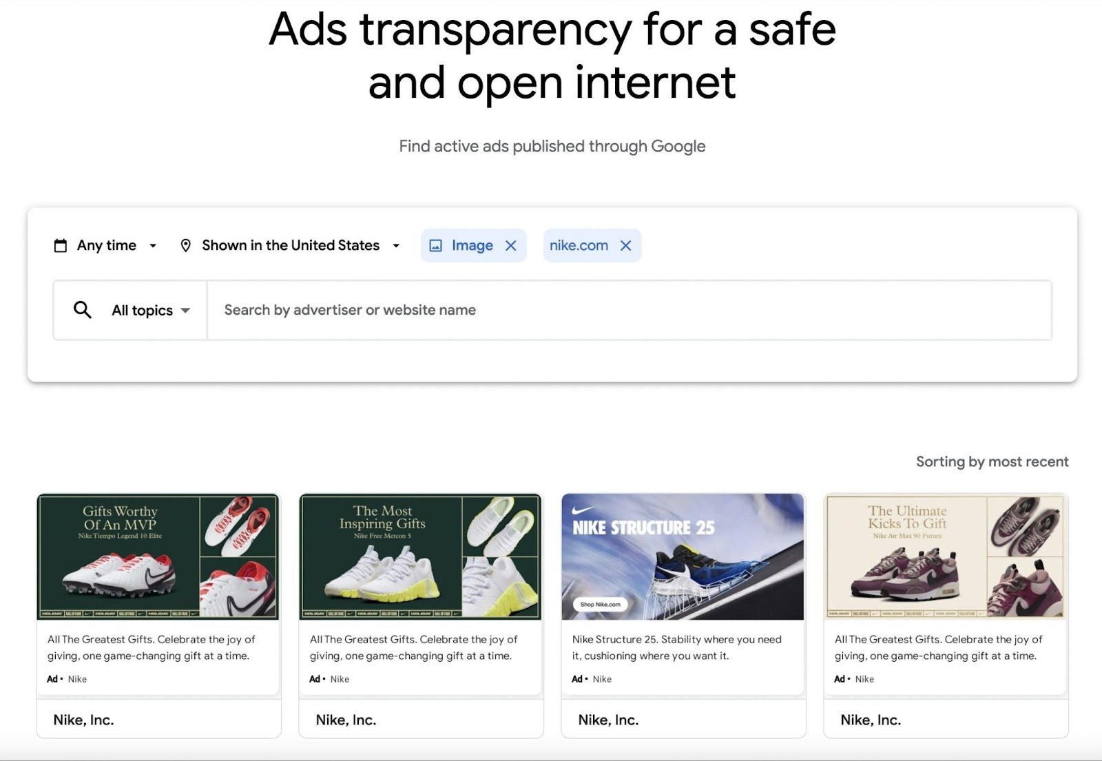Google&rsquo;s Ads Transparency Center homepage