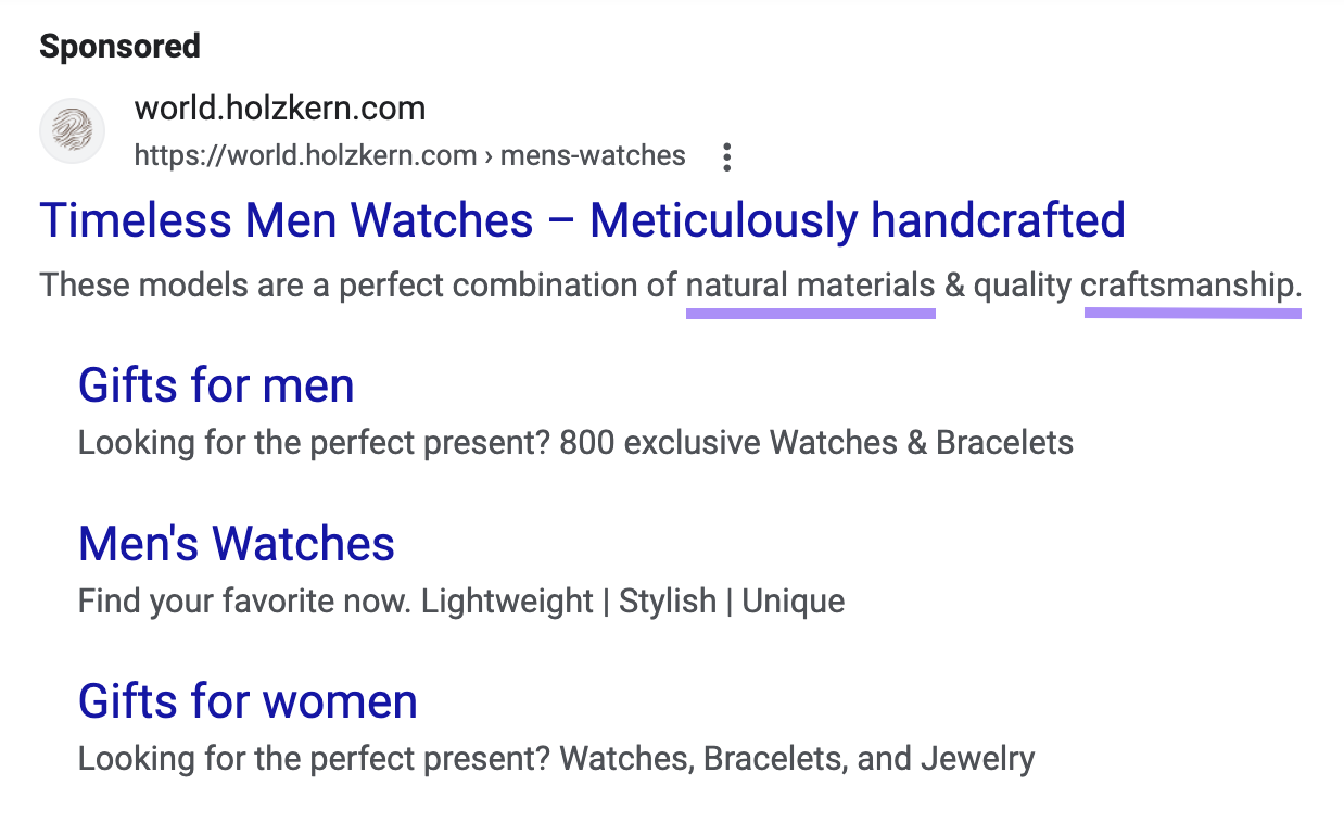 &ldquo;natural materials,&rdquo; and &ldquo;craftsmanship&rdquo; keywords highlighted in a PPC ad on Google