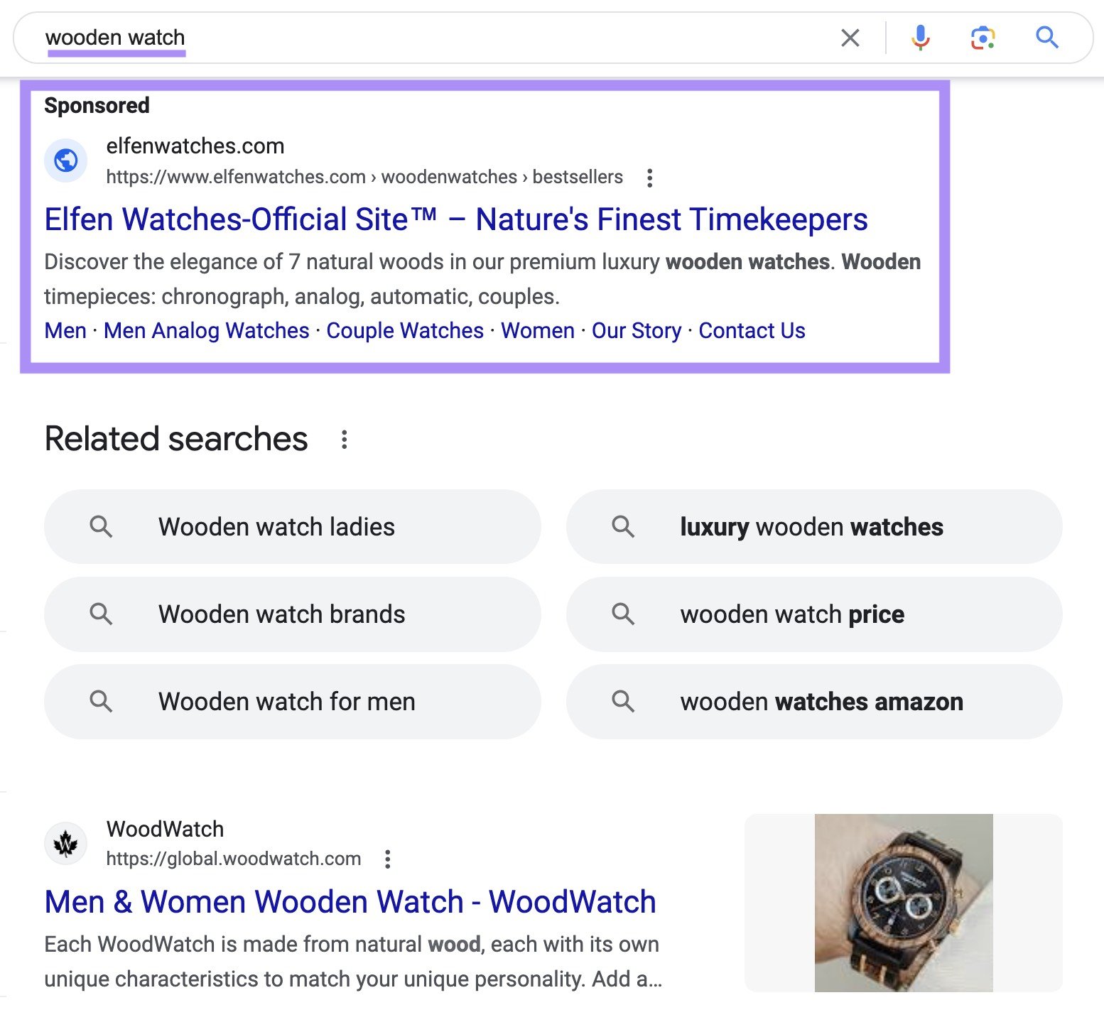A PPC ad on Google for the term &ldquo;wooden watch&rdquo;