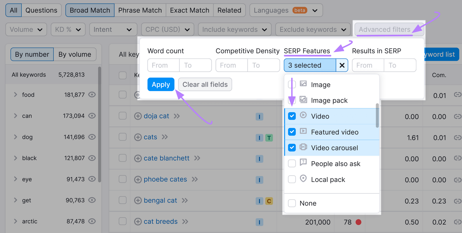 Applying &ldquo;Advanced filters&rdquo; for SERP features and selecting &ldquo;Video,&rdquo; &ldquo;Featured video,&rdquo; and &ldquo;Video carousel.&rdquo;