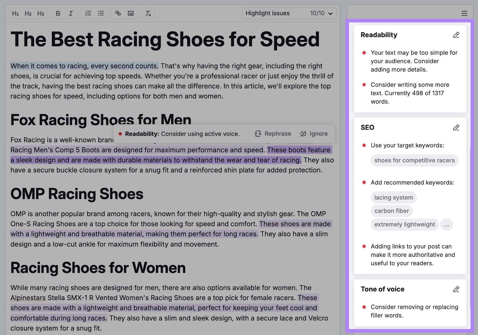 Recommendations to improve a blog post on SEO Writing Assistant including specific readability, SEO, and tone of voice tips.
