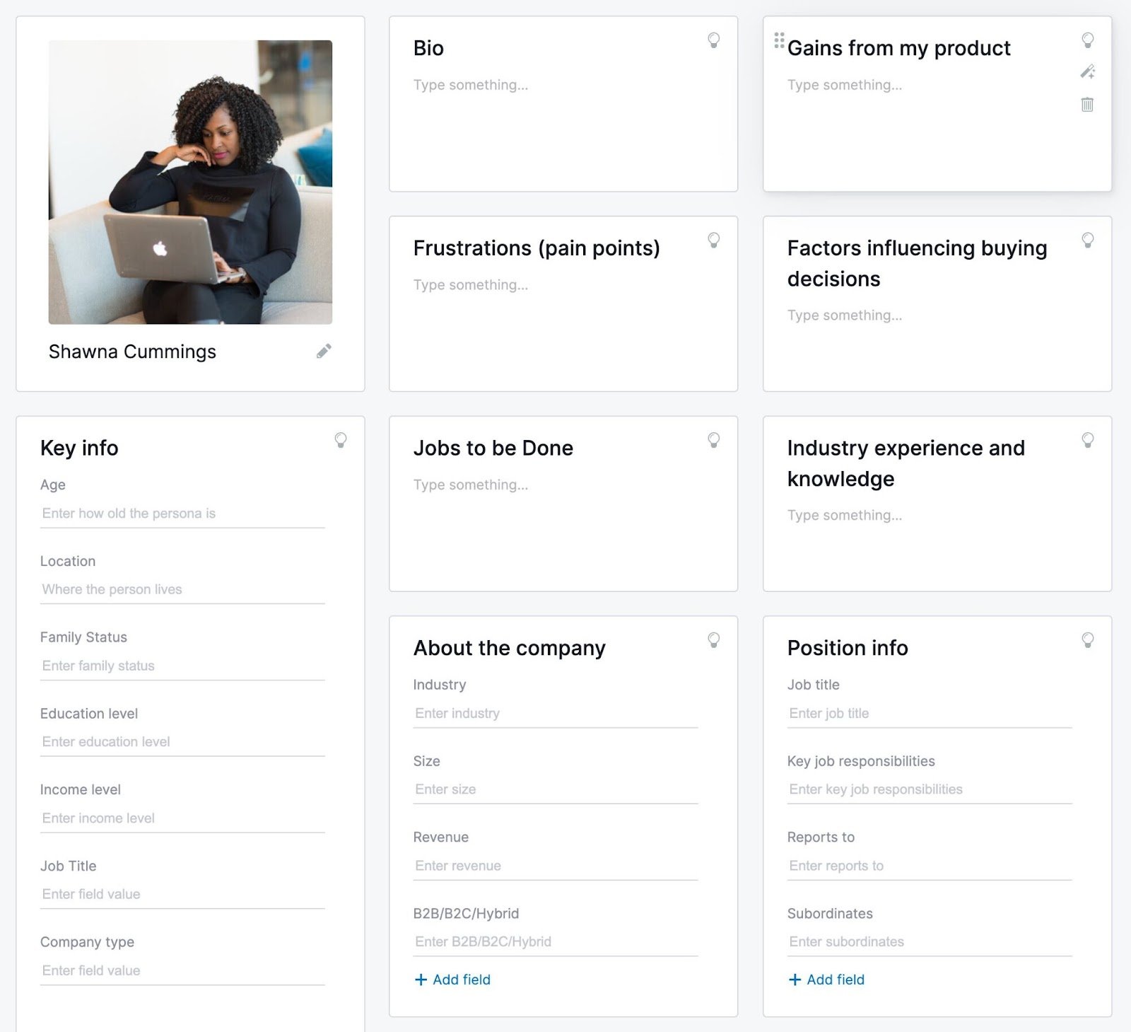 A customer persona template from the Semrush Persona tool