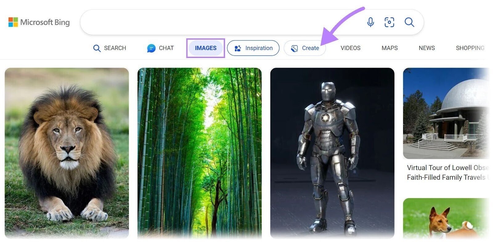 “Create” button highlighted in Bing Images