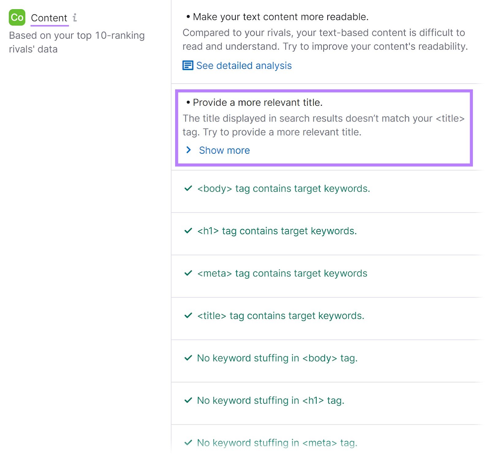 &ldquo;Content&rdquo; section of the On Page SEO Checker tool with the &ldquo;Provide a more relevant title&rdquo; recommendation highlighted.