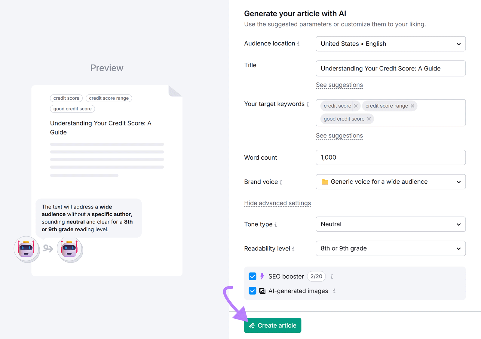 Semrush&rsquo;s AI Article Generator with preview and arrow pointing to &ldquo;Create article&rdquo; button.