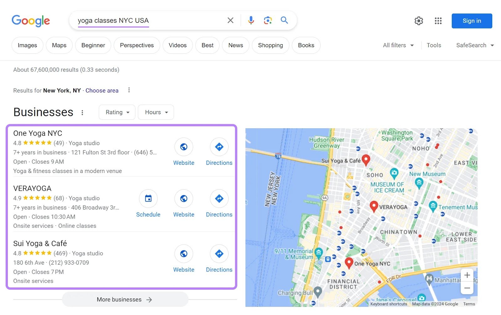 Google local pack results for &ldquo;yoga classes NYC USA&rdquo; query