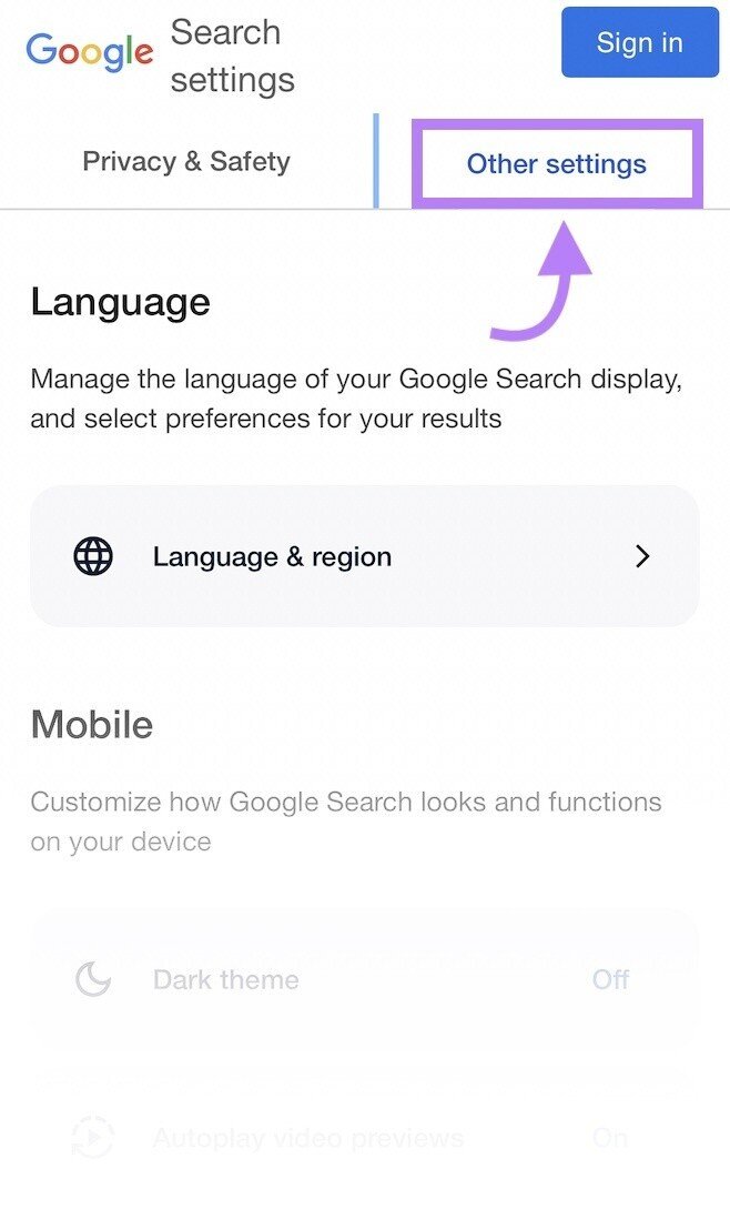 Google &ldquo;Other settings&rdquo; button highlighted in purple
