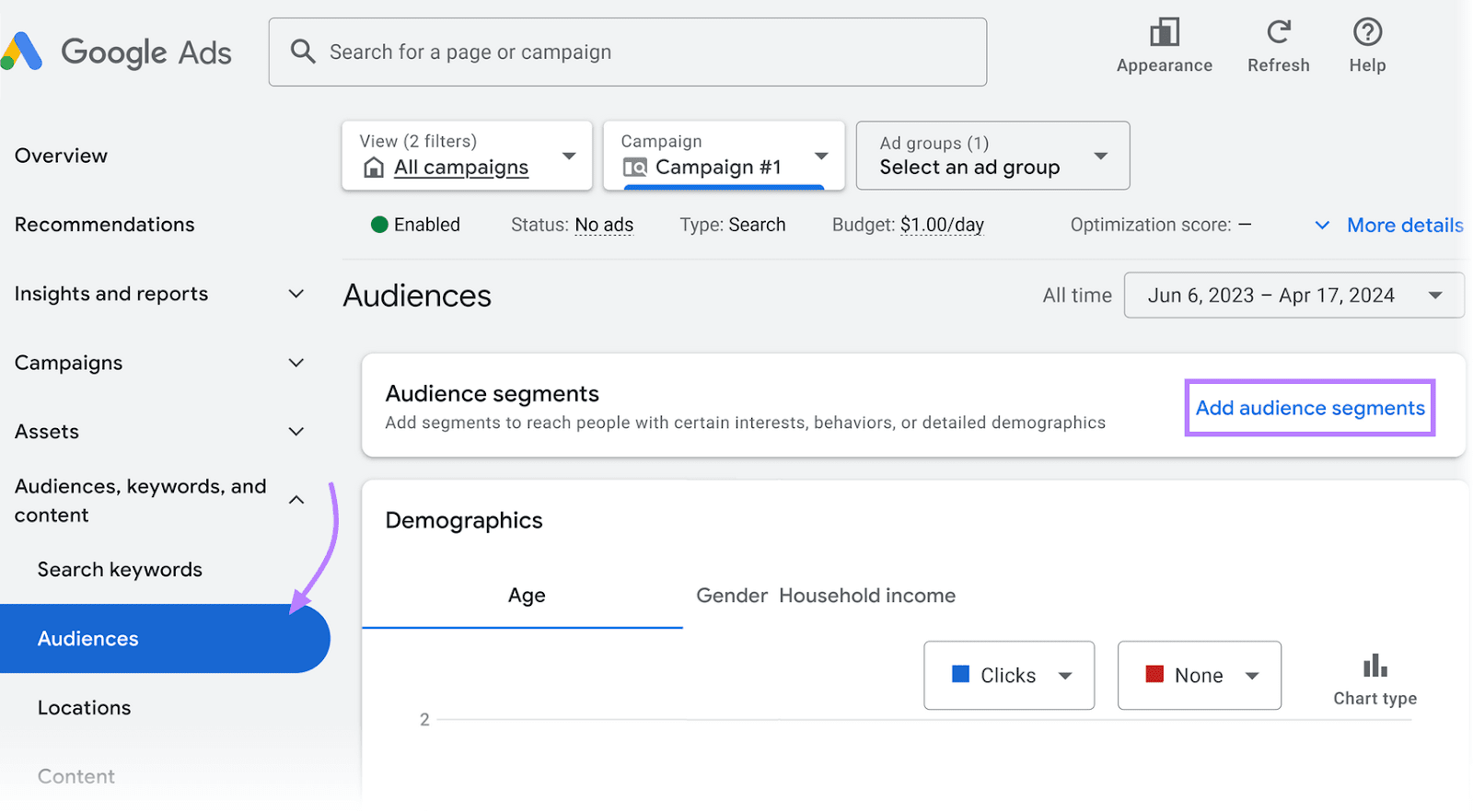 "Audiences" tab and &ldquo;Add audience segments&rdquo; button highlighted in Google Ads