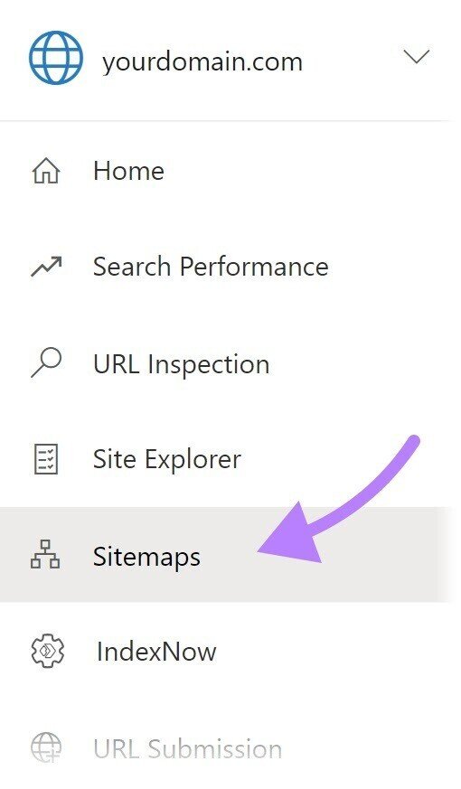 &ldquo;Sitemaps&rdquo; selected in the left-hand menu of Bing Webmaster Tools