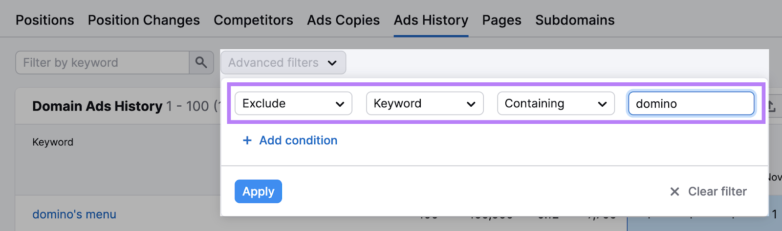 &ldquo;Advanced filters&rdquo; menu shown in Advertising Research tool