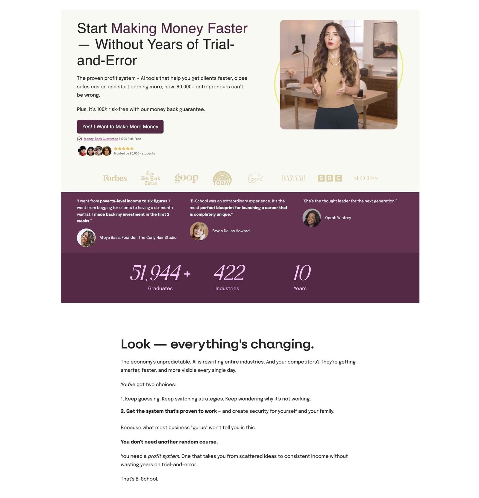 A sales page by Marie Forloe with descriptive copy, logos, testimonials, and results achieved.