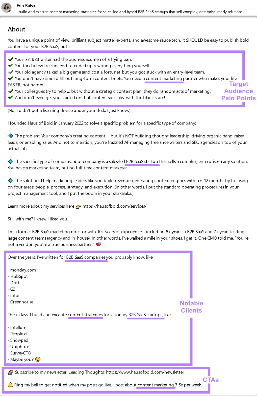 Screenshot of "About" section from Erin Balsa&rsquo;s LinkedIn