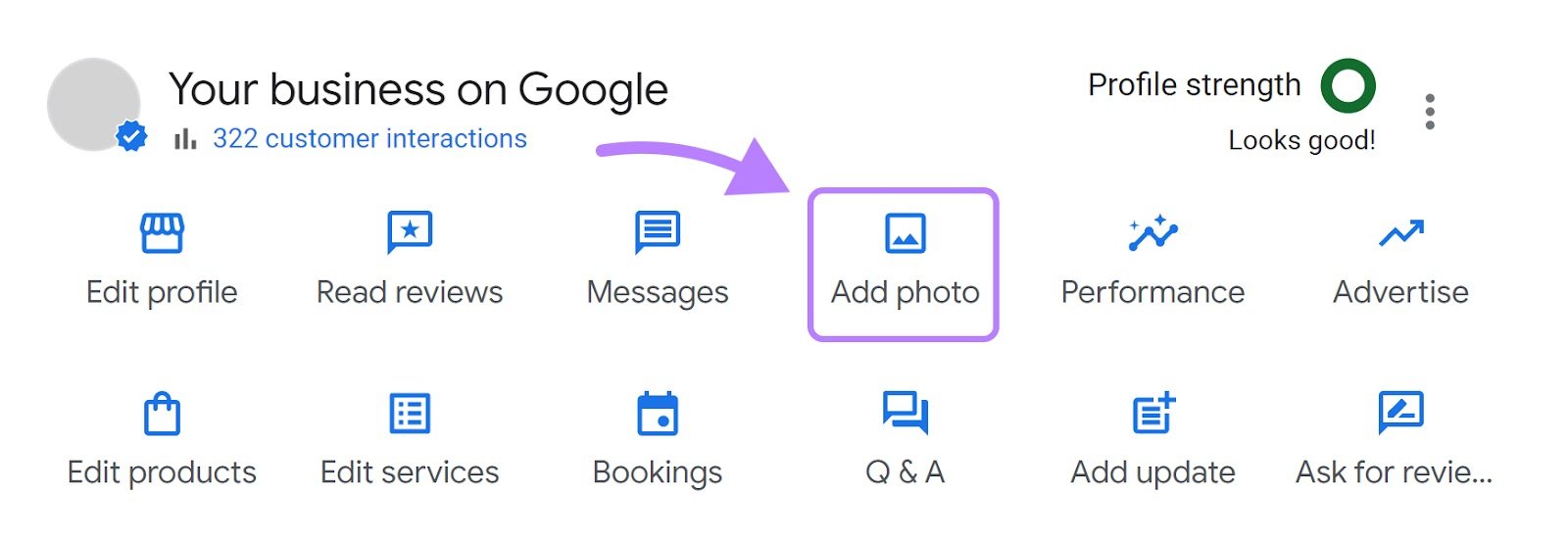 &ldquo;Add photo" option highlighted in GBP dashboard