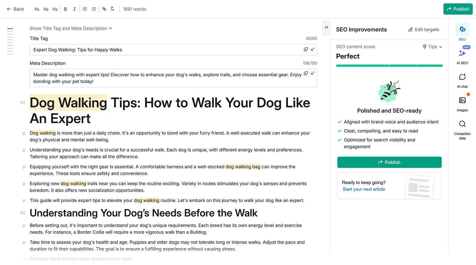 AI writing editor showing &ldquo;Dog Walking Tips&rdquo; article with SEO score marked &ldquo;Perfect&rdquo; and option to publish.