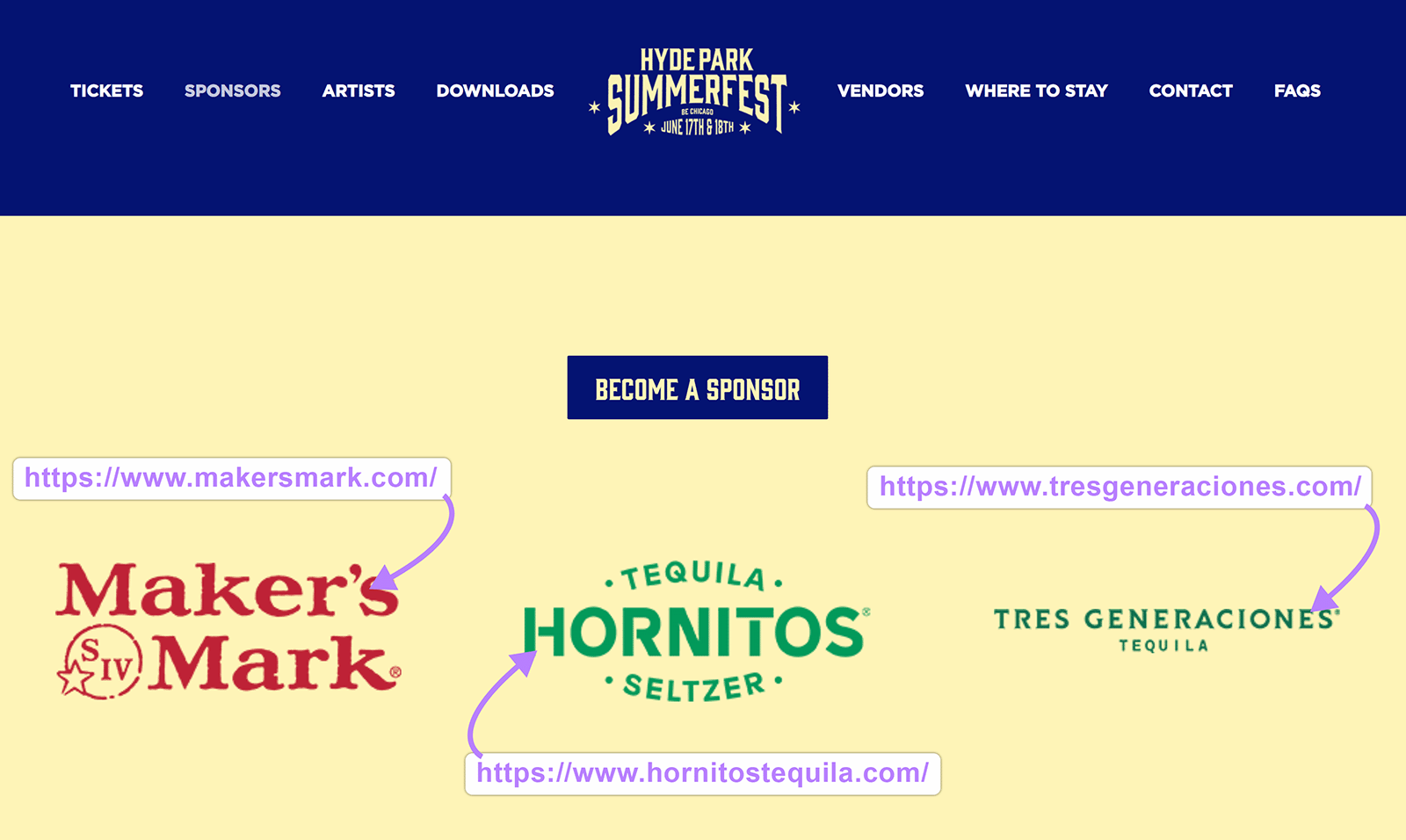 Event sponsor logos with URLs showing links to the sponsors&rsquo; websites
