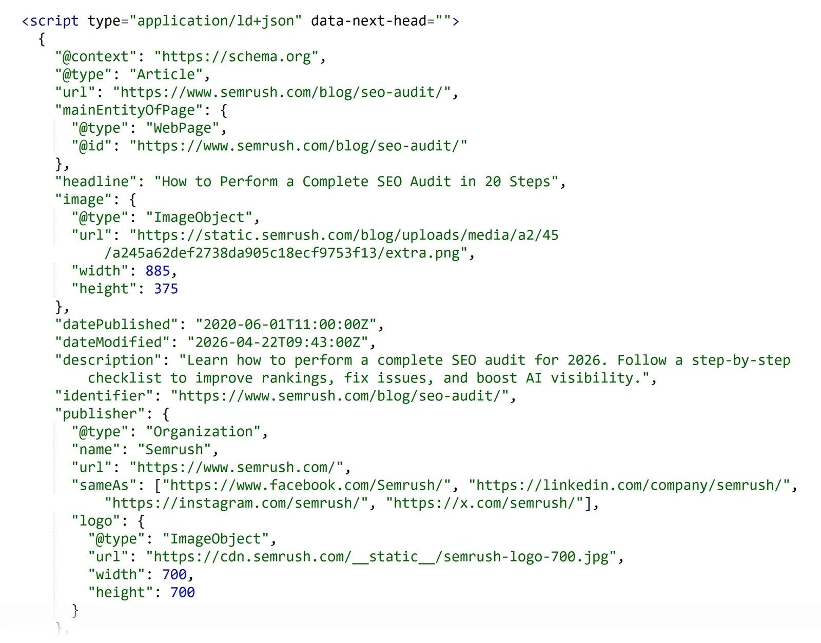 Structured data for a blog post by Semrush showing data like URL, type, headline, date published, and description.