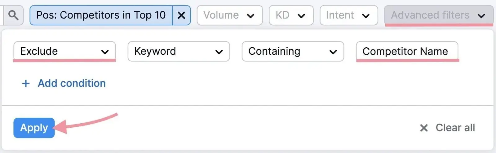 Applying a filter on Keyword Gap to exclude terms with a competitor&rsquo;s name.