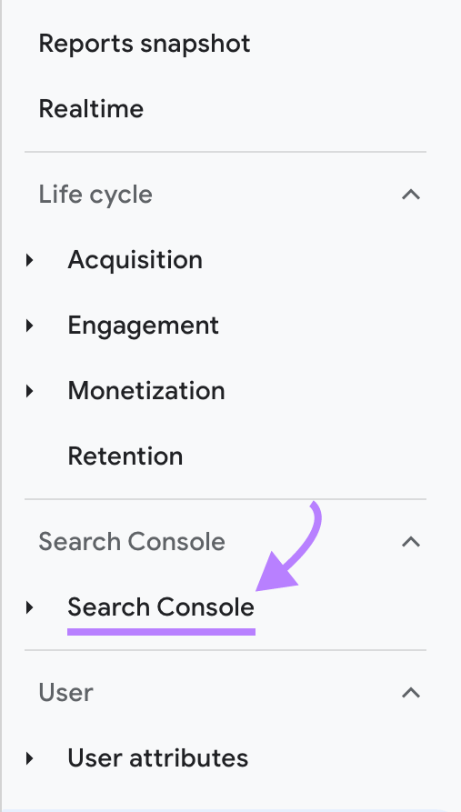 &ldquo;Search Console&rdquo; highlighted in the left-hand menu