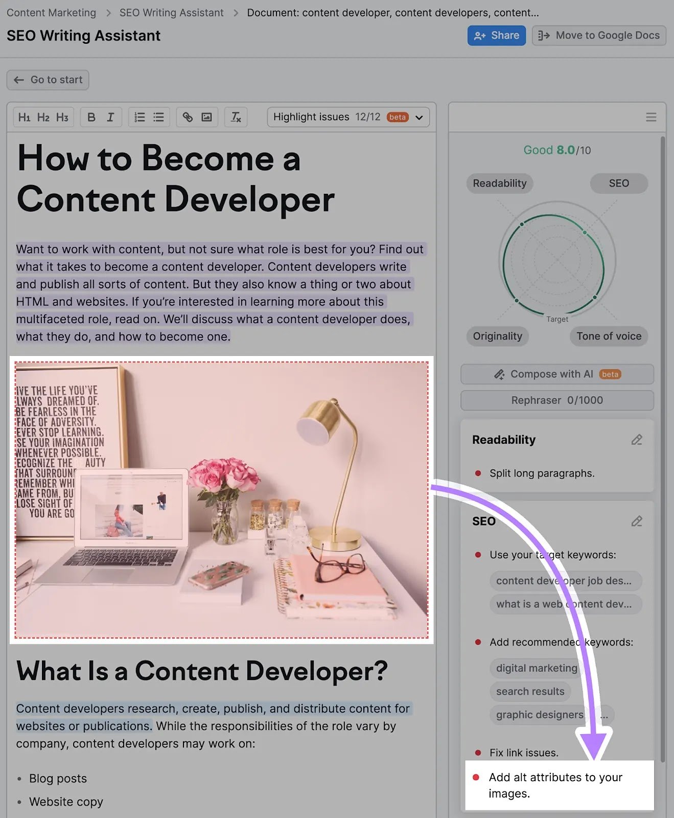 Semrush SEO Writing Assistant tool showing the &ldquo;Add alt attributes to your images&rdquo; issue.