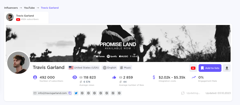 Influencer&rsquo;s profile for Travis Garland found in Influencers Analytics app