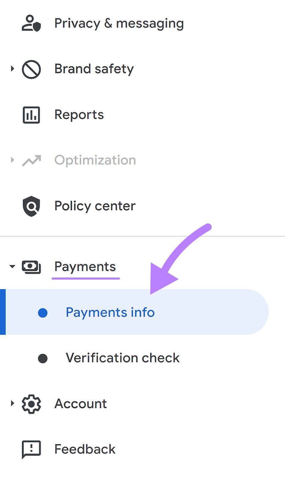 "Payments info" tab in Google AdSense account