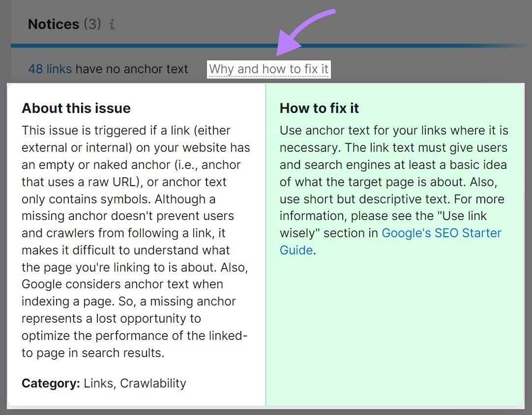 an example of &ldquo;Why and how to fix it&rdquo; section in the Site Audit