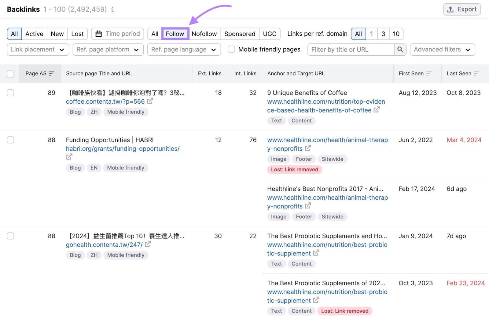 a list of dofollow backlinks in Backlinks tool