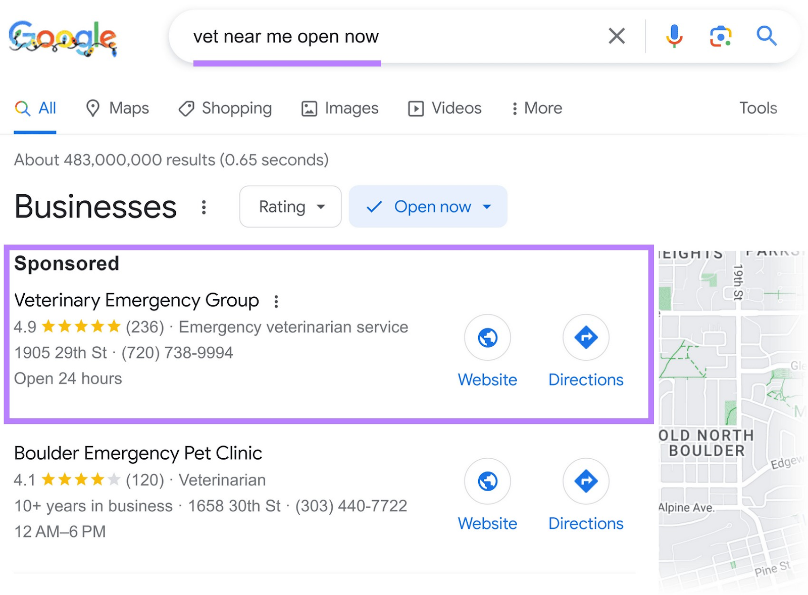 Google ad for &ldquo;vet near me open now&rdquo; query