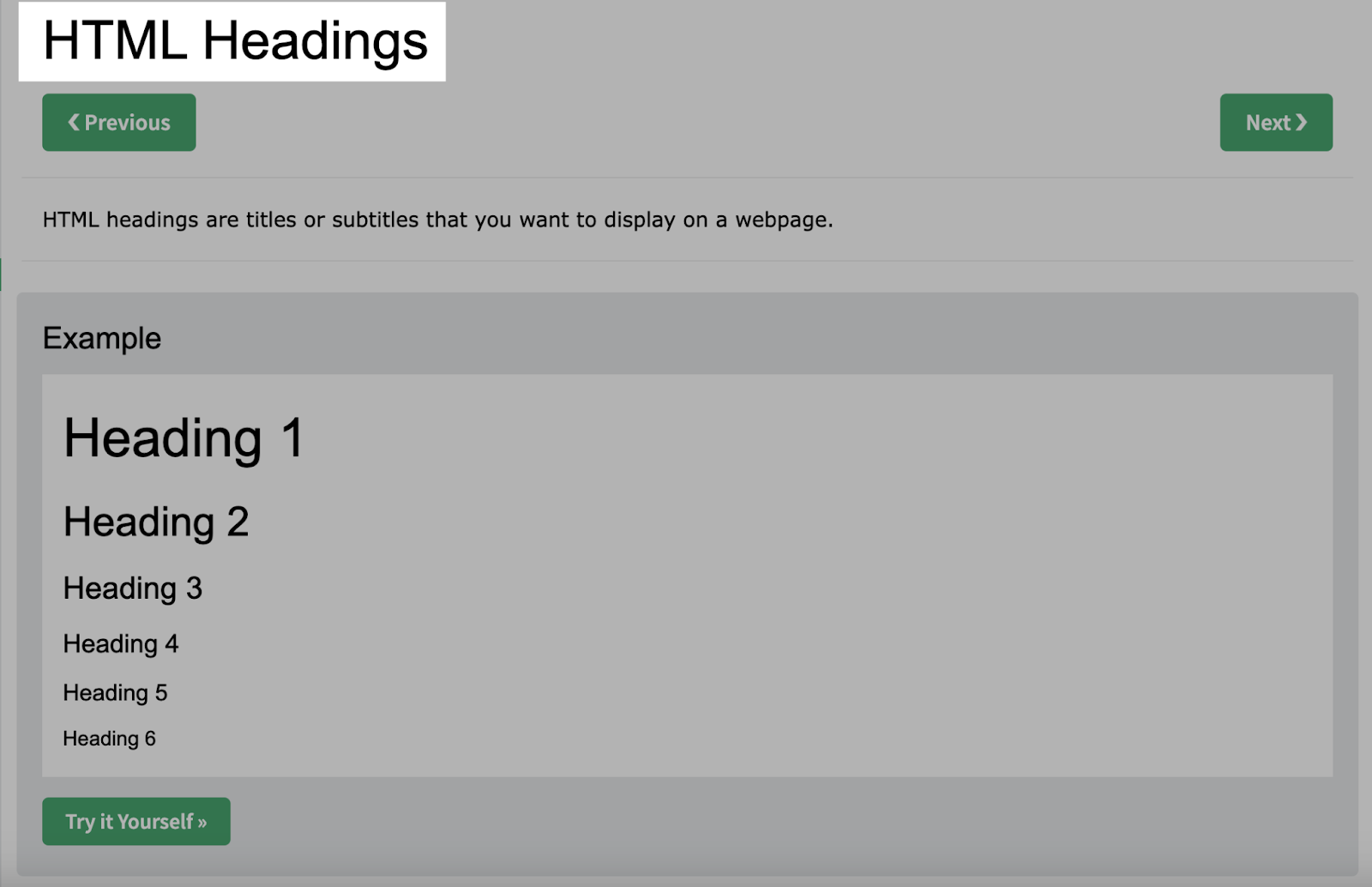 W3Schools&rsquo; tutorial H1 tag that reads: "HTML Headings"