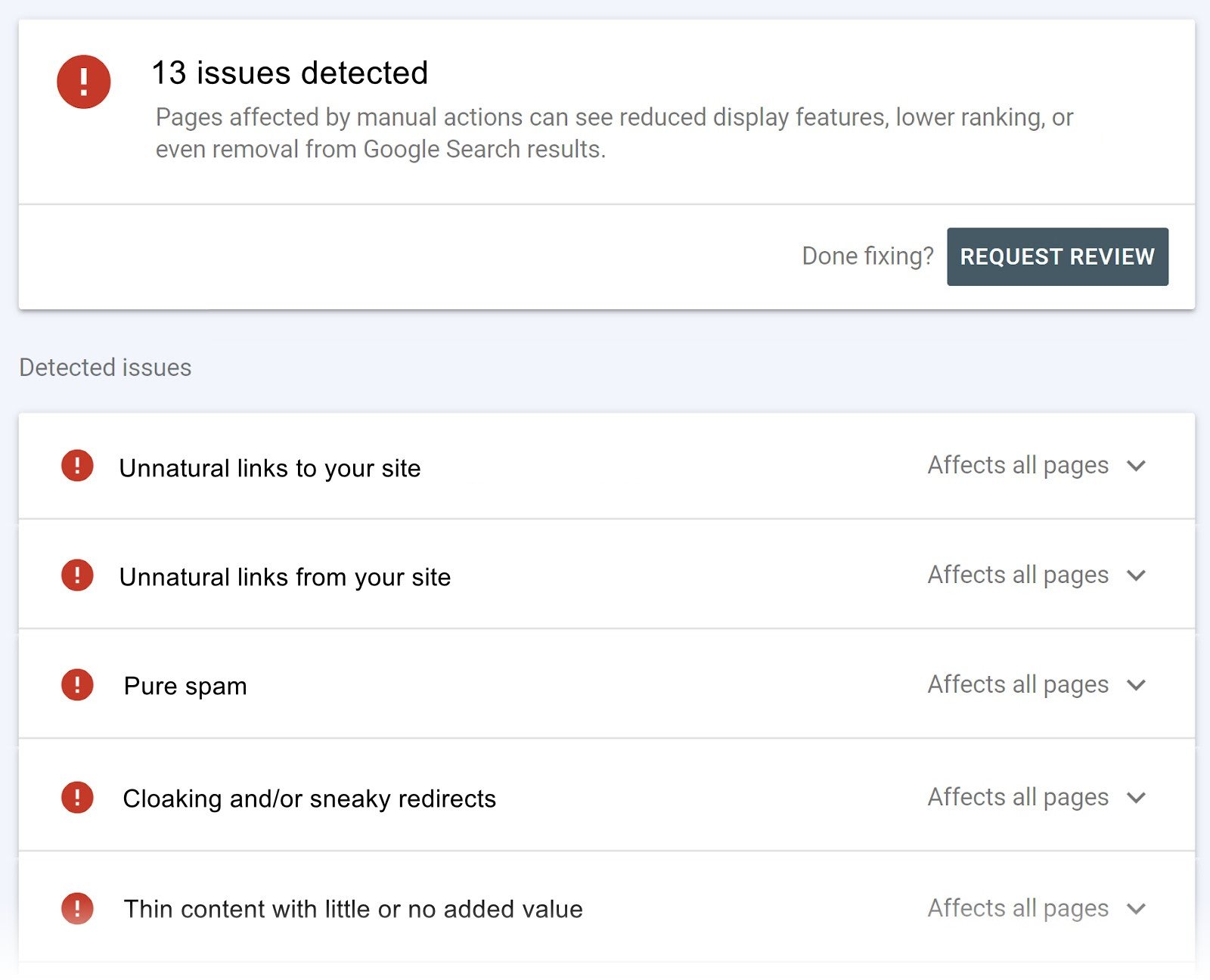 Detected issues shown in GSC &ldquo;Manual Actions&rdquo; page