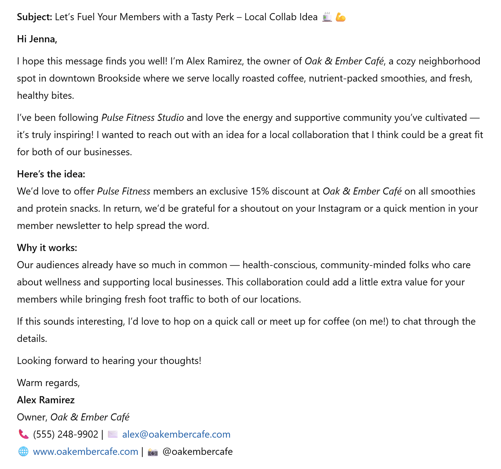 Sample email generated by ChatGPT pitching a local caf&eacute; and yoga studio collaboration idea