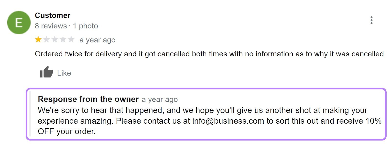 An example of owner's response to a negative Google review