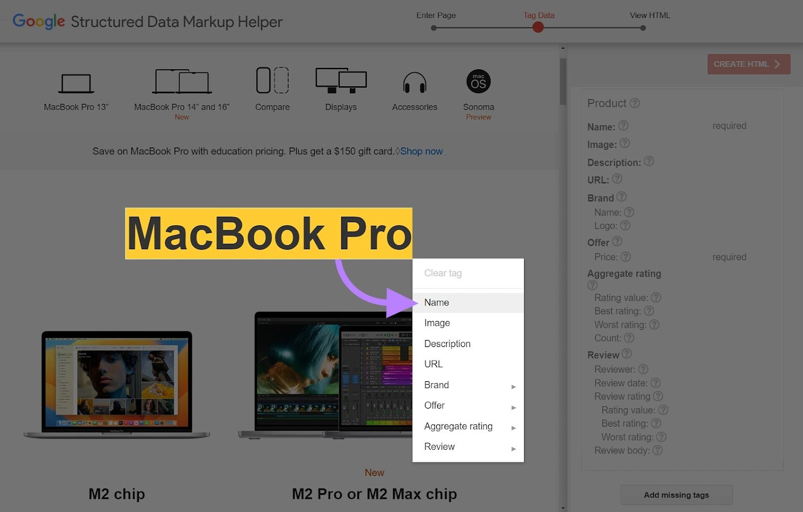 Google Structured Data Markup Helper tool with the &ldquo;Name&rdquo; option selected in the drop-down menu.