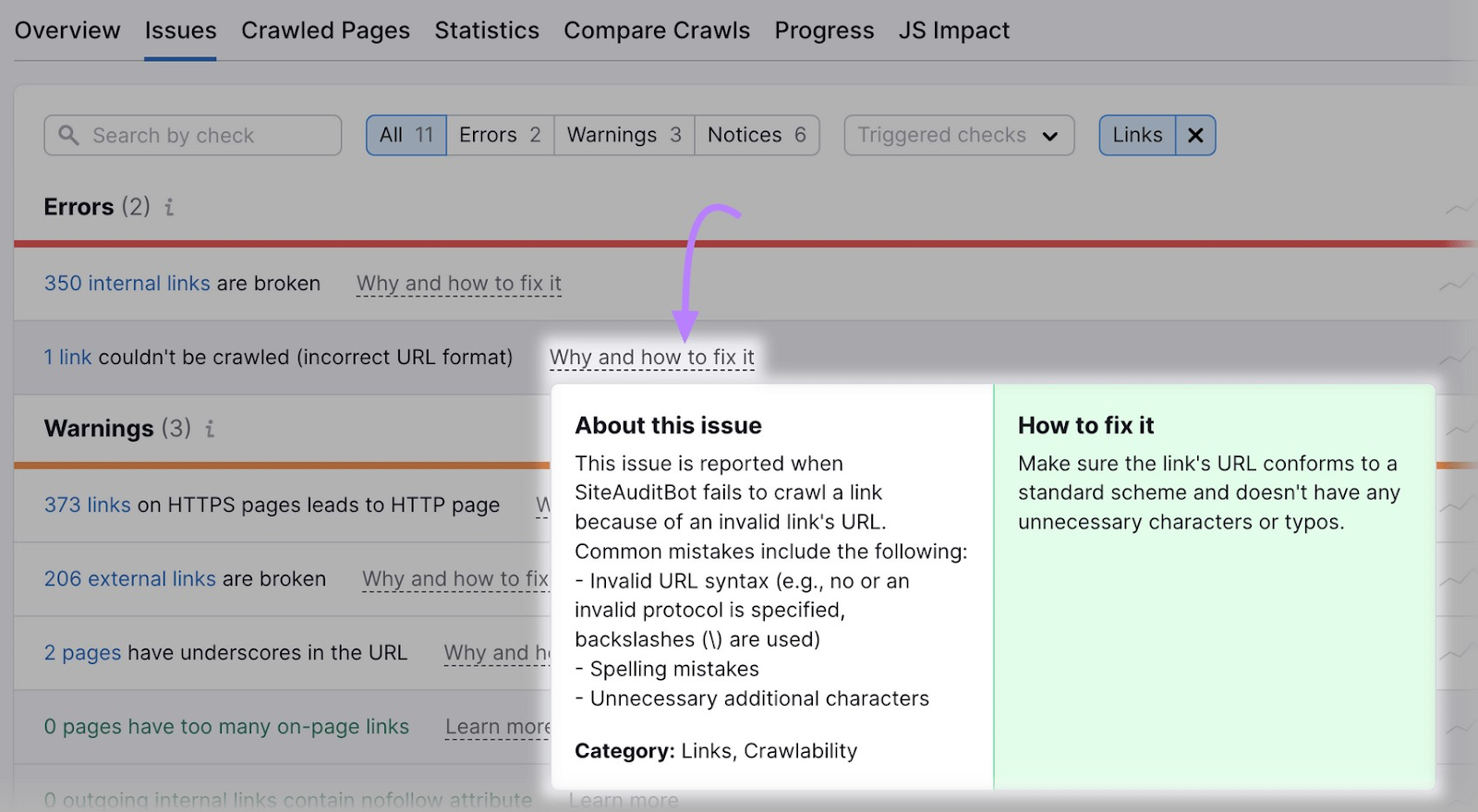 an example of &ldquo;Why and how to fix it&rdquo; section in the Site Audit tool