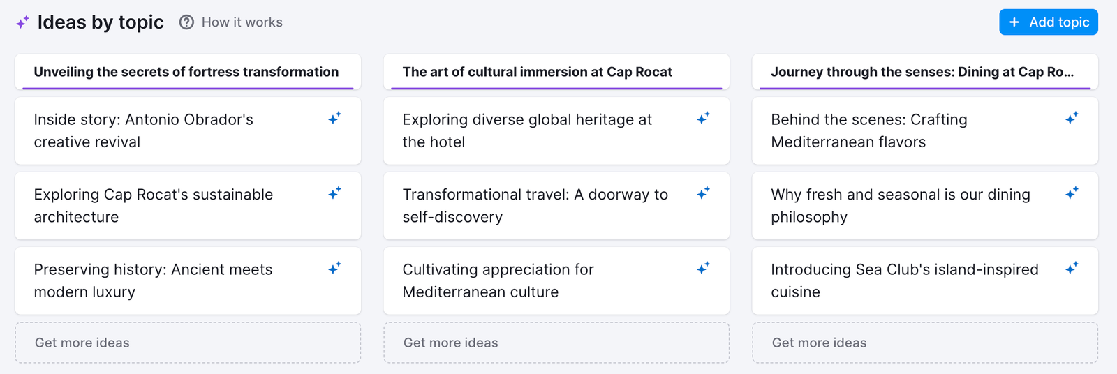 Semrush&rsquo;s Social Content AI showing ideas by topic dashboard