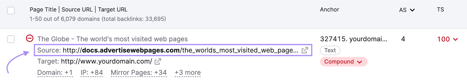 &ldquo;Source" section highlighted under a backlink