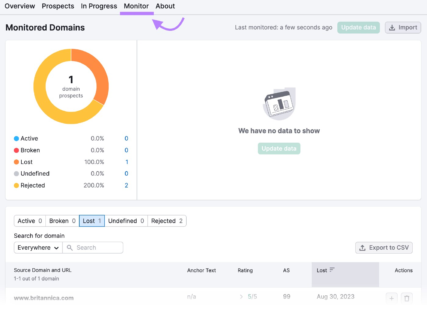 &ldquo;Monitor&rdquo; section in Link Building tool