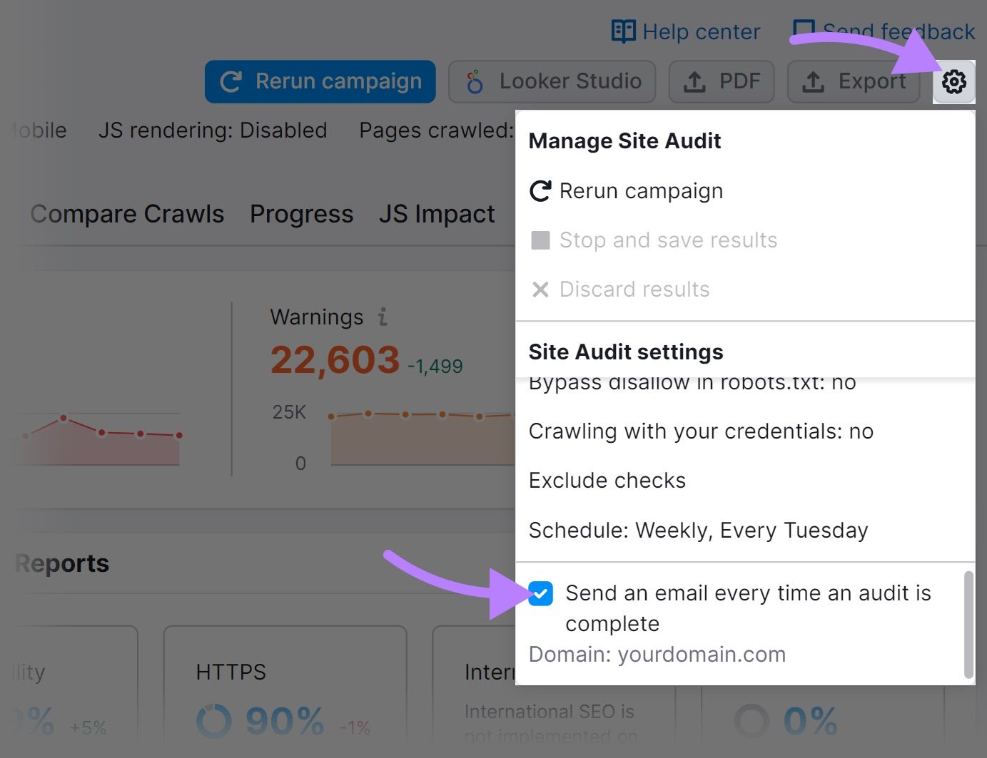 &ldquo;Send an email every time an audit is complete&rdquo;&nbsp;box checked