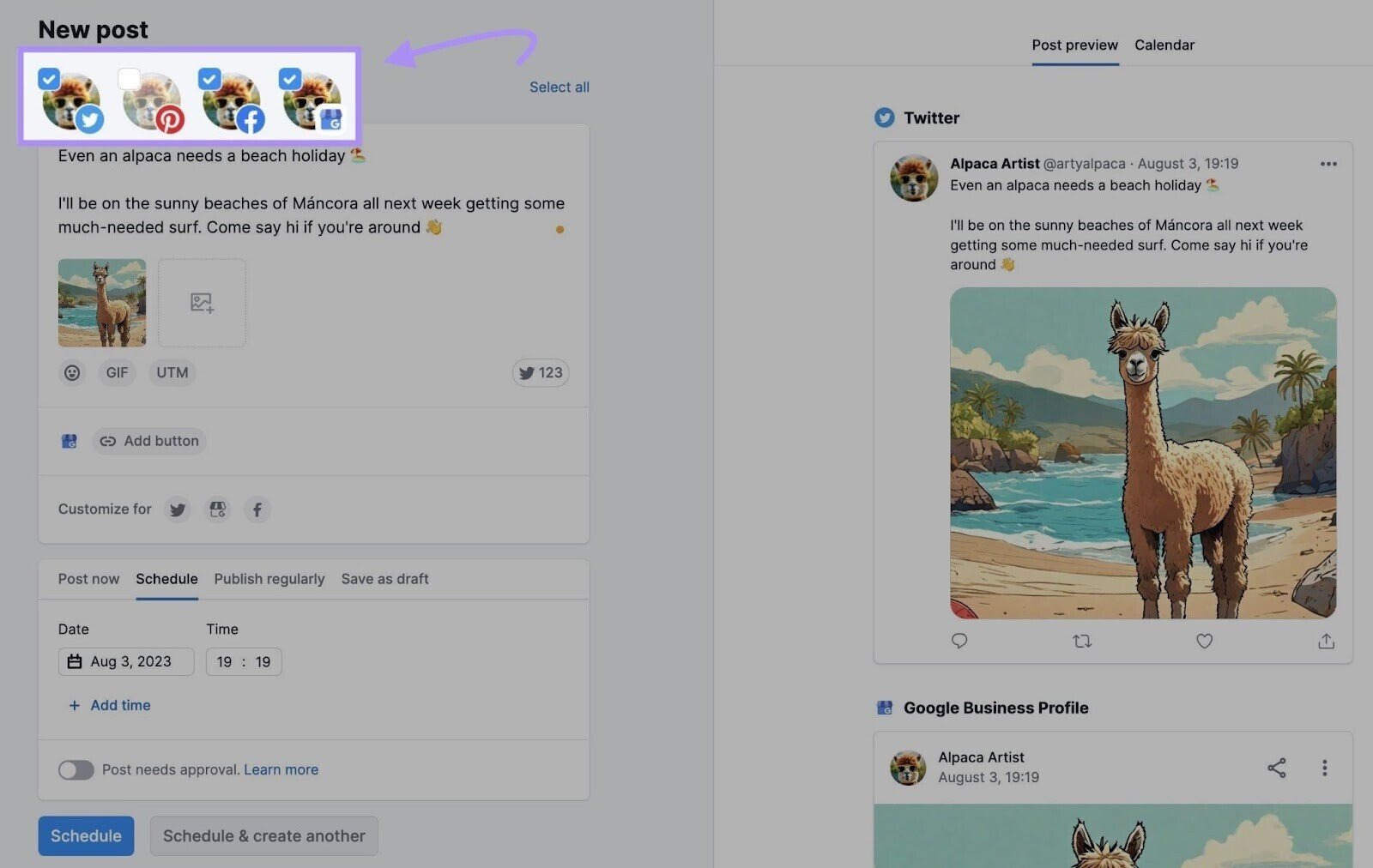 where to select which platforms you&rsquo;d like to post to in Social Poster