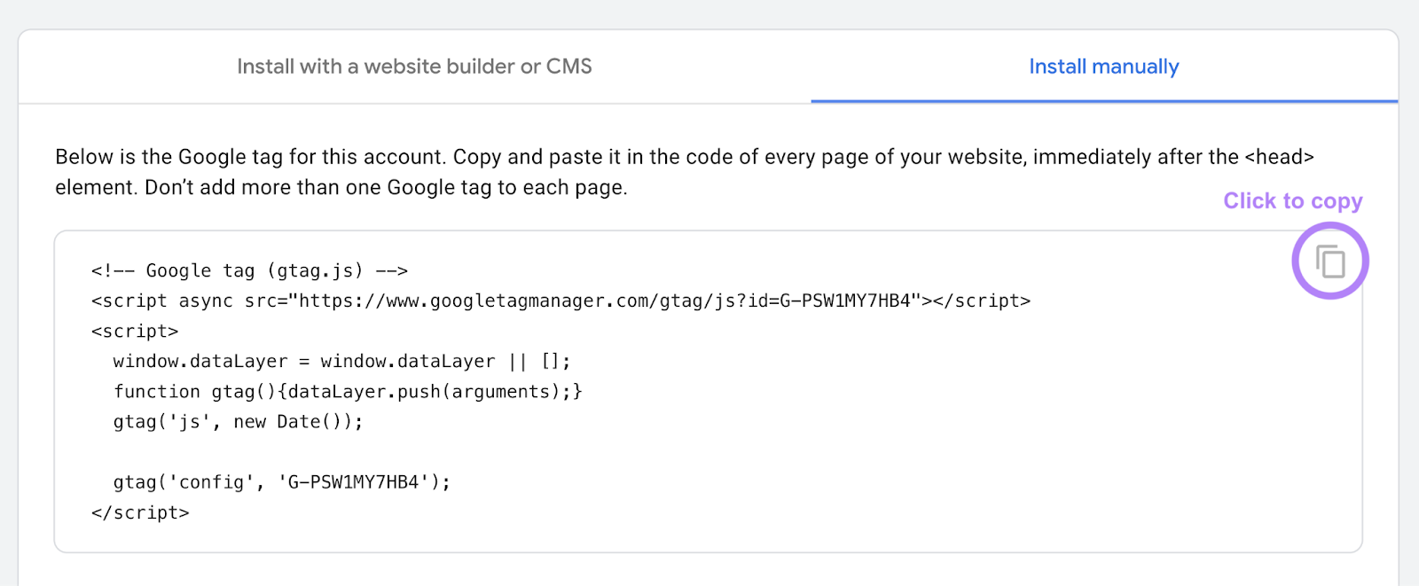Google Analytics code in the &ldquo;Install manually&rdquo; tab
